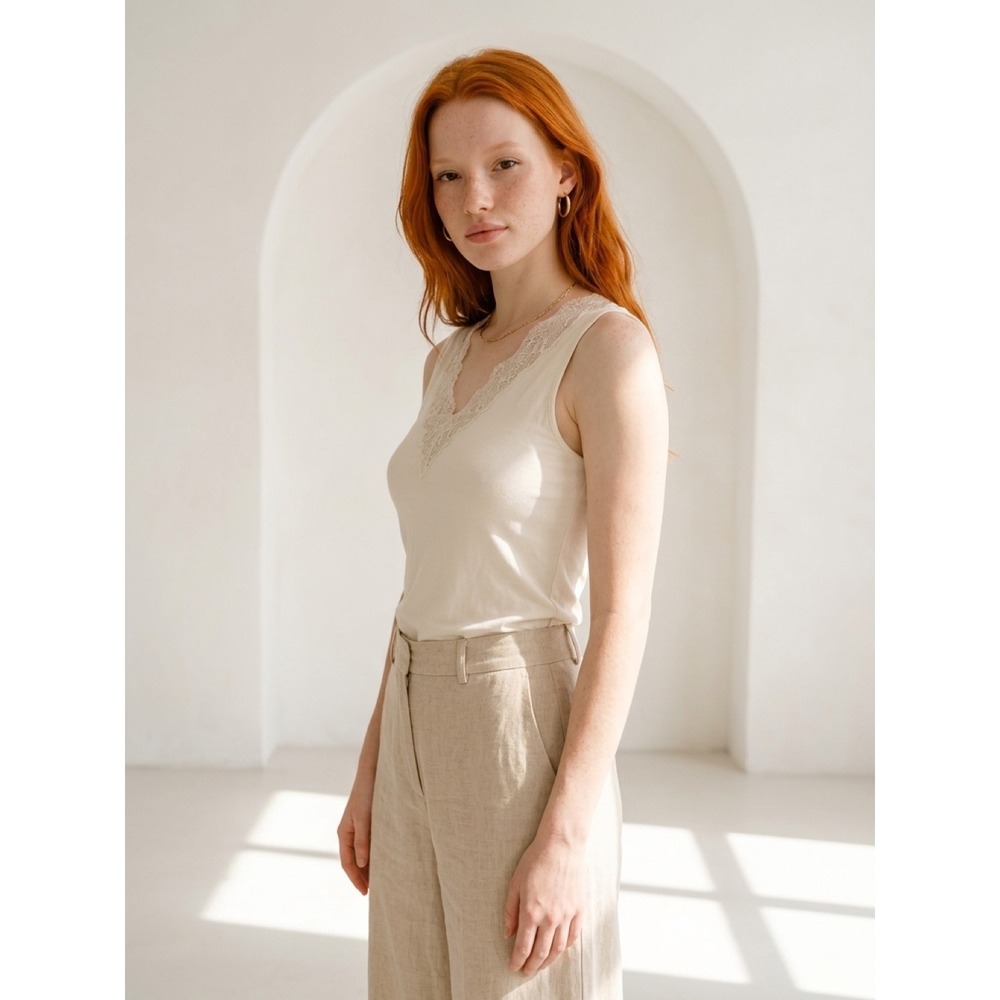 Lauren Ralph Lauren Petite Cream Lace V-Neck Tank Top Sleeveless P/M